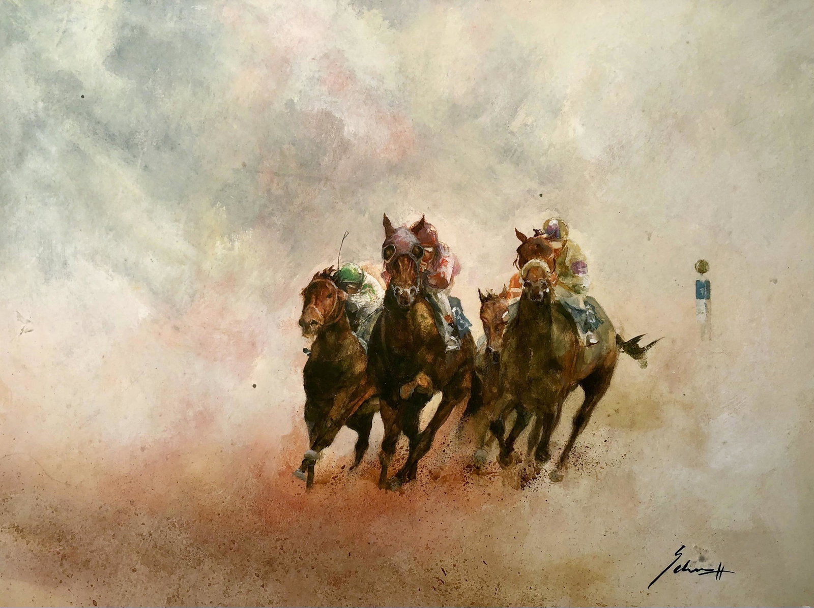 SCHARFF RACING WATERCOLOR: "Heart of the Stretch", signed lower right; spotting; matted and framed 15" x 20", VG-EX