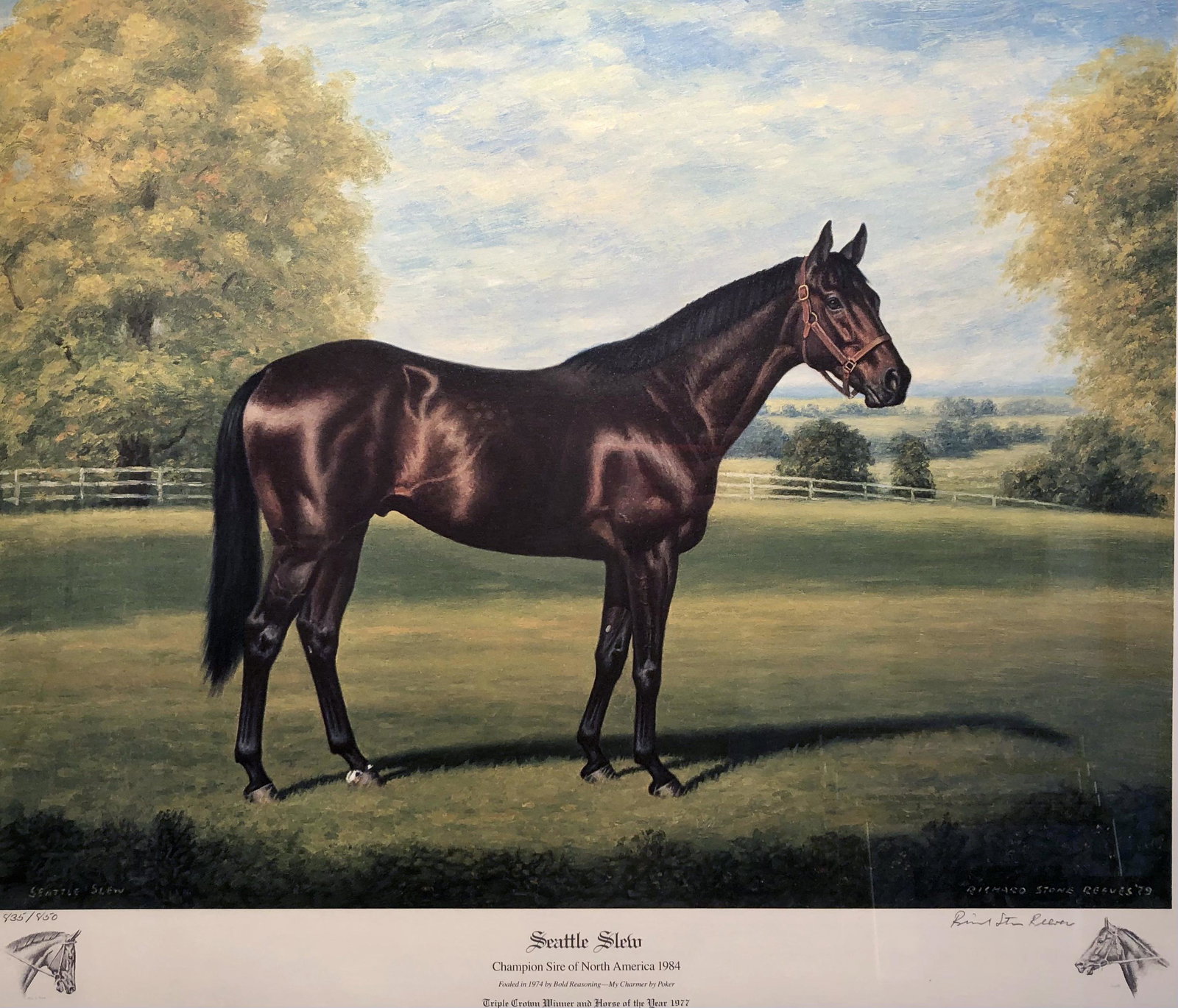 JENNESS CORTEZ "SEATTLE SLEW" PRINT: 835/850, signed in pencil lower right; matted and framed; 21" x 24", VG-EX