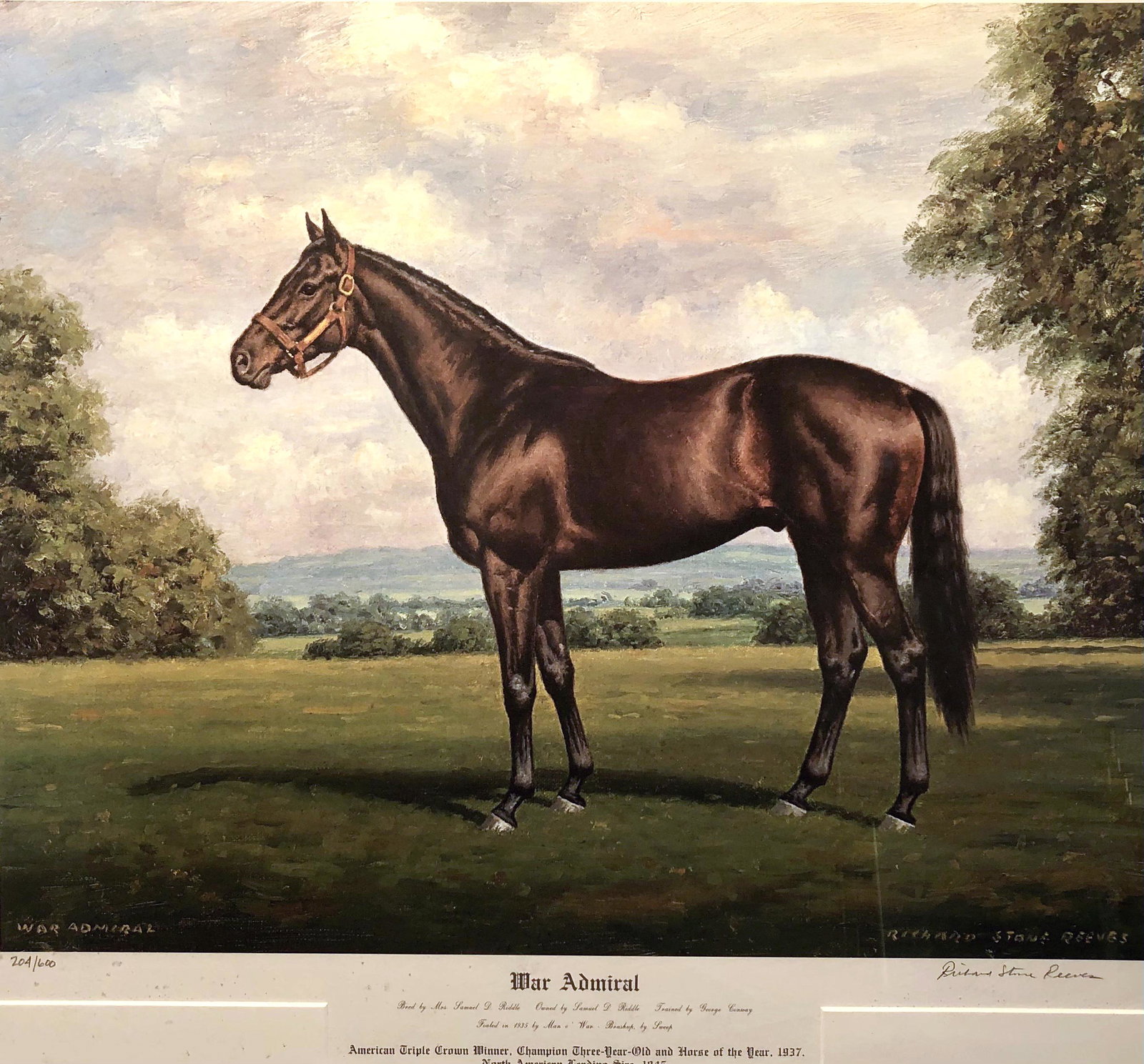 R. S. REEVES "WAR ADMIRAL" PRINT: 204/600, signed in pencil lower right; matted and framed; 20" x 23", VG-EX
