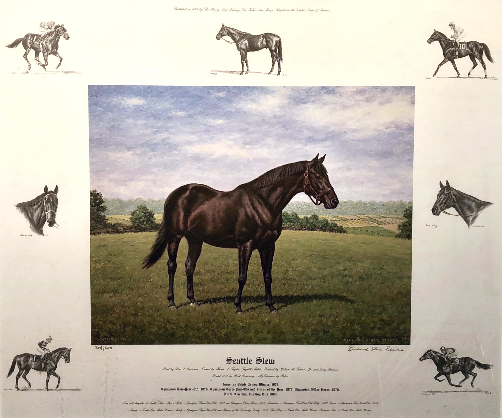 R. S. REEVES "SEATTLE SLEW" PRINT: 204/600, signed in pencil lower right; matted and framed; 21" x 26", VG-EX