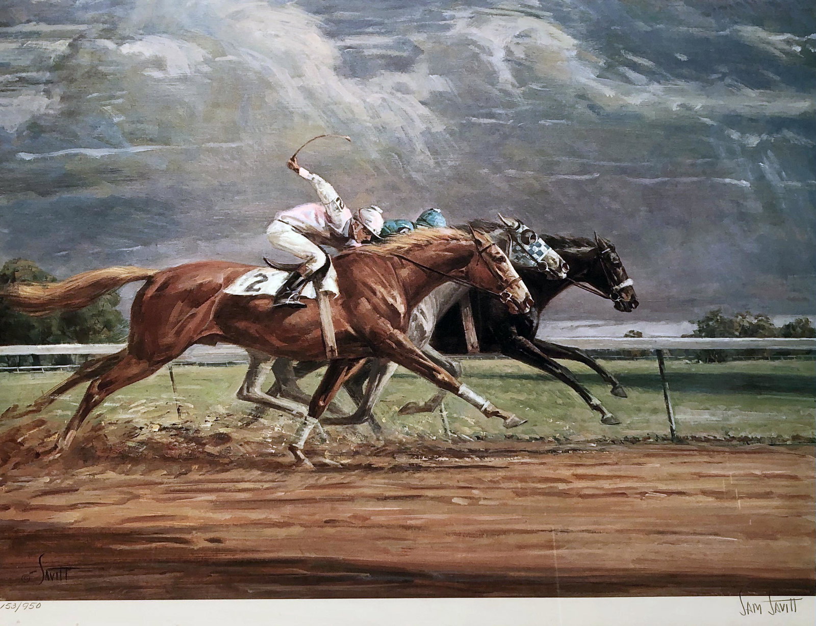SAM SAVITT RACING PRINT: 153/950, "The Last Race of the Day", signed in pencil lower right; matted and framed 16" x 21", VG-EX