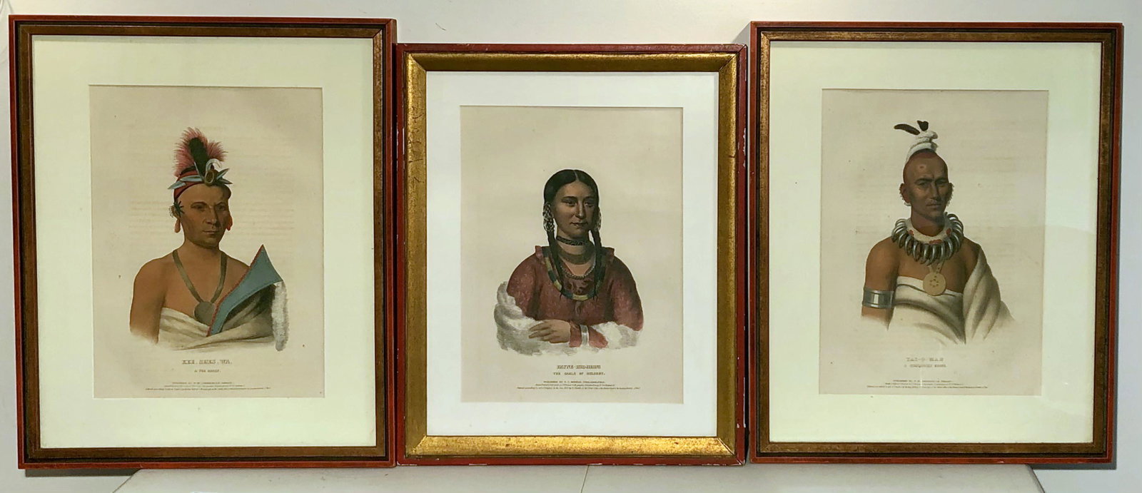 LOT OF (3) NATIVE AMERICAN LITHOGRAPHS: (1) Kee Shes Wa - A Fox Chief, published by P. W. Greenough, Philad.; (1) Hayne Hud IIhINI - The Eagle of Delight, published by E. C. Biddle, Philad.; (1) Tai O Mah A Musquakii Brave, published by P.,