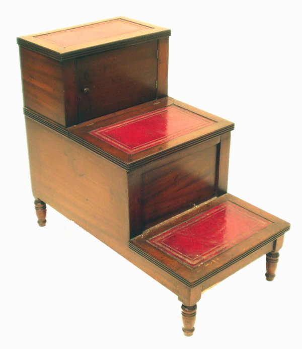 REGENCY BED STEPS - MAHOGANY: REGENCY BED STEPS - Mahogany, late 19th or 20th Century, interior grey wash; 27" x 16 1/2" x 31", G-VG