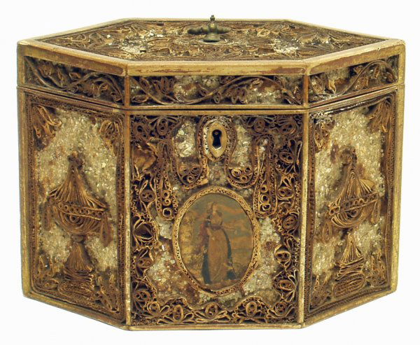 ENGLISH QUILL WORK TEA CADDY - ABALONE: ENGLISH QUILL WORK TEA CADDY - Hexagonal, crushed abalone; fitted interior lid; probably 18th Century; some losses; H-5", F-G