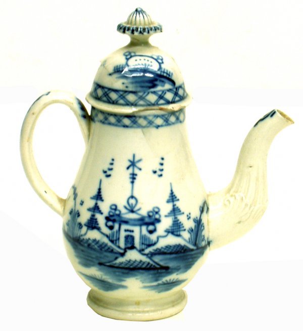 ENGLISH PEARLWARE TEAPOT: ENGLISH PEARLWARE TEAPOT - Blue decorated with houses and treas; embossed foliate spout; lid chipped; H-7", F-G
