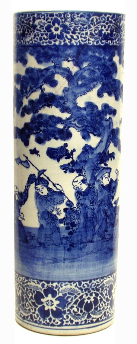 BLUE & WHITE ORIENTAL UMBRELLA STAND: BLUE & WHITE UMBRELLA STAND - Painted porcelain; cracked and repaired; H-24", F