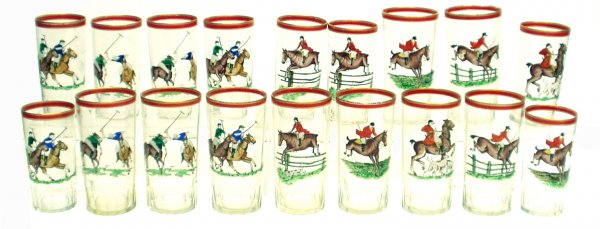 (18) EQUESTRIAN GLASSES - POLO & FOX HUNT: (18) EQUESTRIAN GLASSES - Polo and fox hunting, (9) large and (9) small; H-5"-5 1/2", G