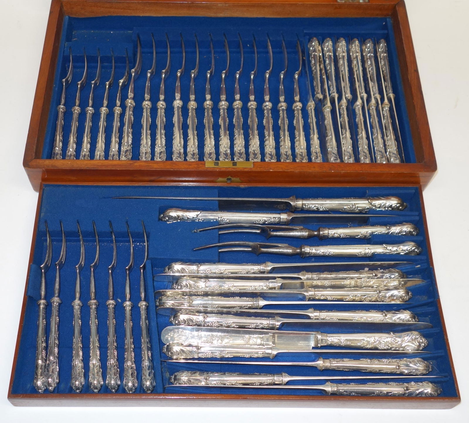 ENGLISH PLATED FLATWARE SET: Mahogany case with tray; (2) sizes forks and knives, together with (2) carving sets; normal wear; case: 19" x 11", G-VG