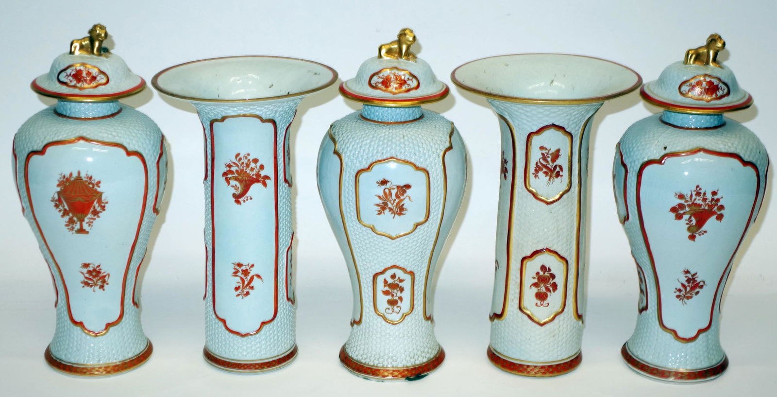 MOTTAHEDEH GARNITURE SET (5): Painted porcelan; normal wear; H-9 1/2" - 11", VG-EX