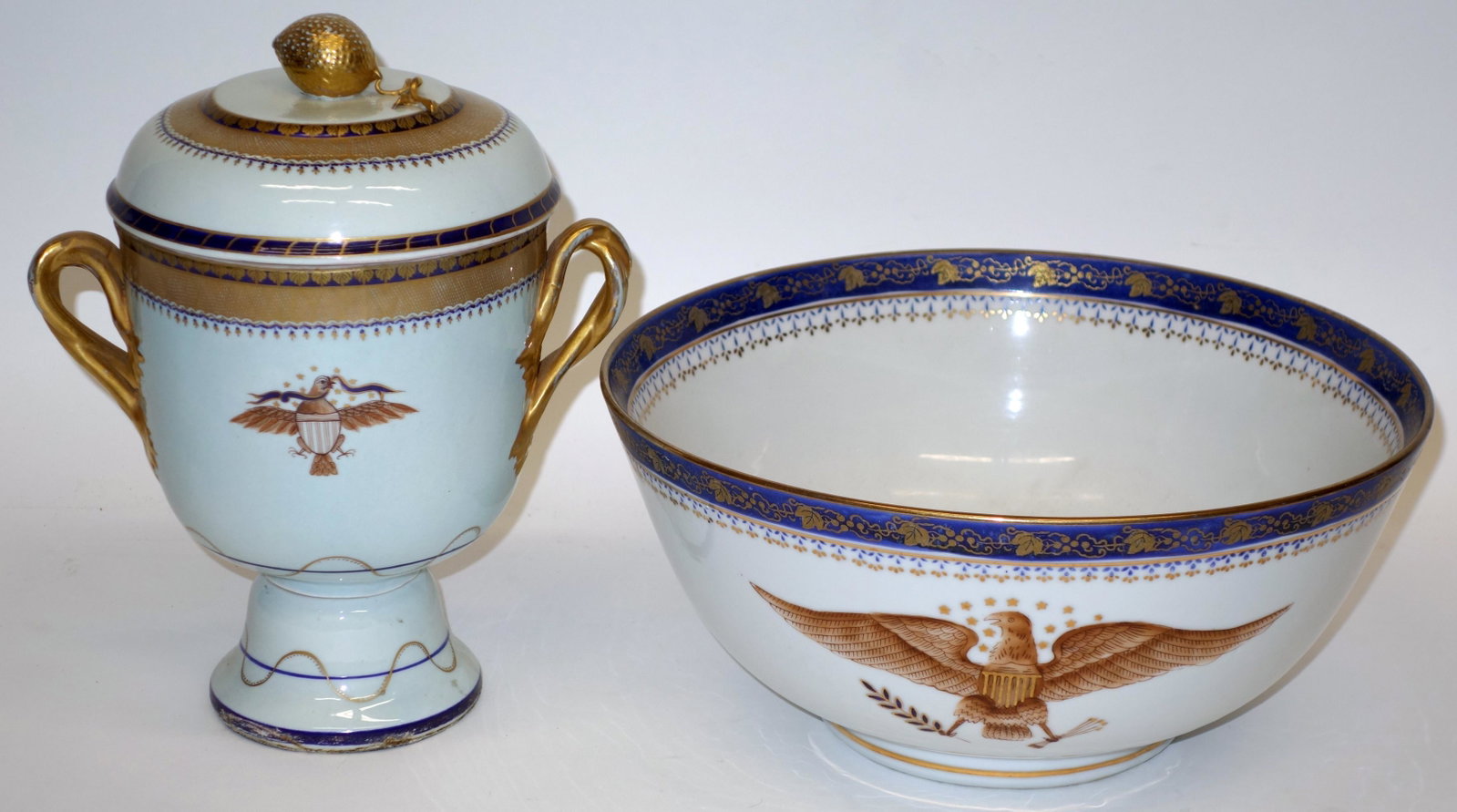 EXPORT STYLE PORCELAIN (2): (1) covered jar: Mottahedeh, small hairline in base; (1) center bowl, no mark; normal wear; bowl: Dia.-12", jar: H-11", G-VG