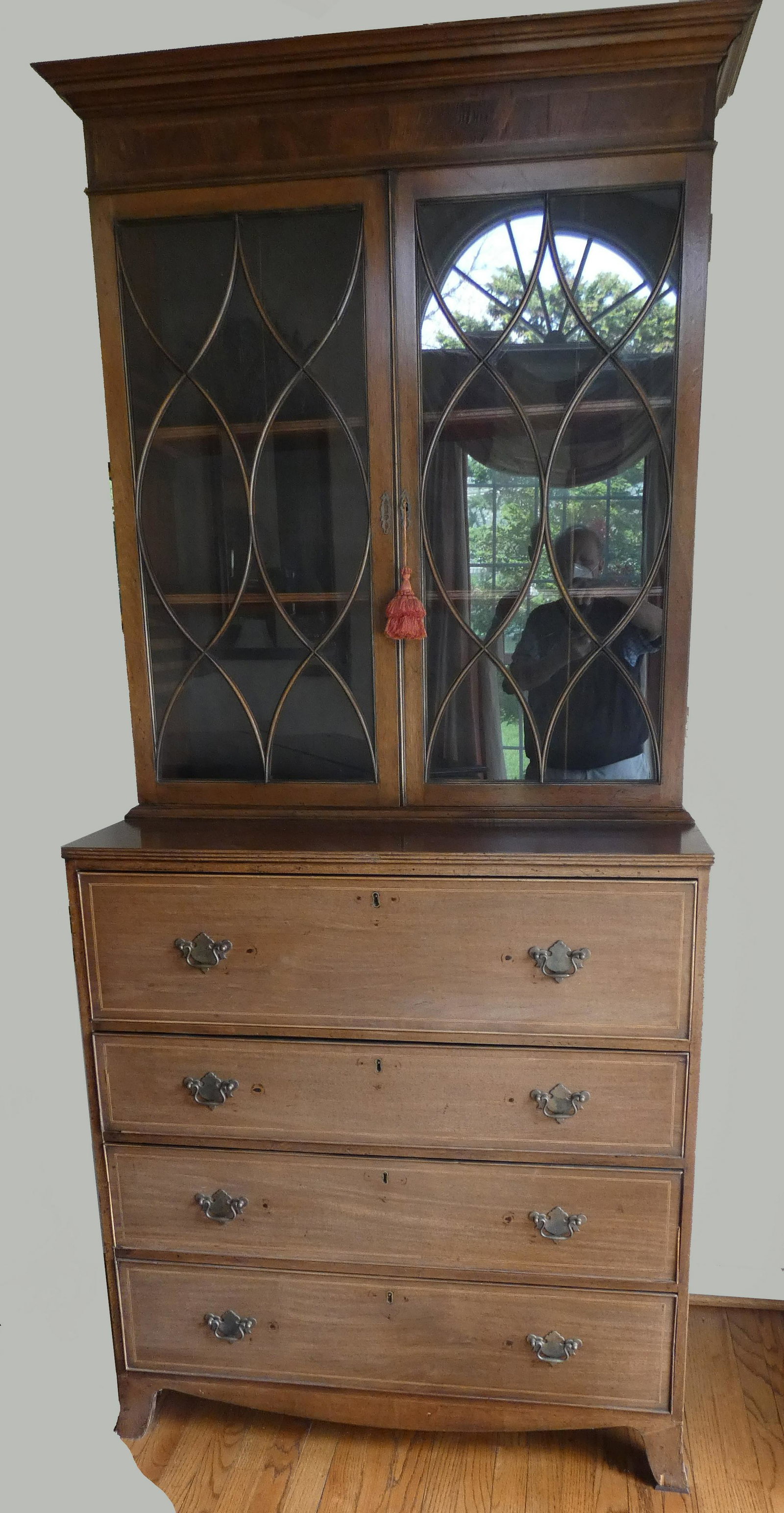 HEPPLEWHITE SECRETARY DESK: mahogany, mullioned top; drop front desk drawer sticking; minor chips, sun faded, H-88", W-40", Depth 21", F-G