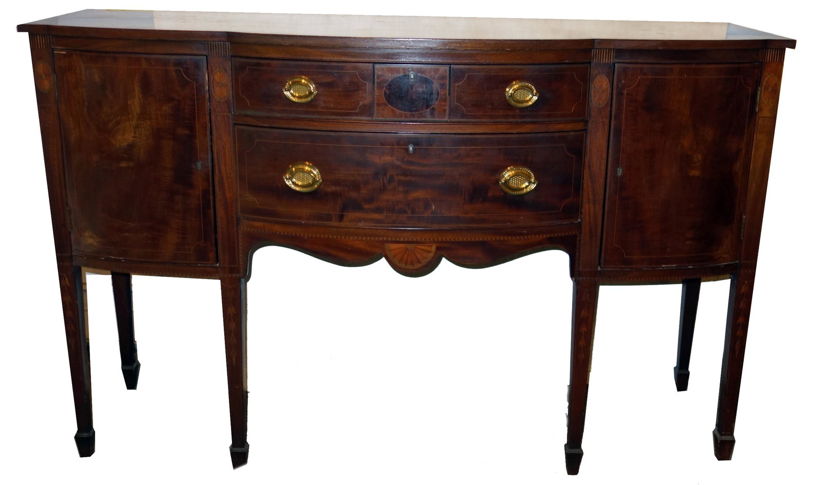 POTTHAST HEPPLEWHITE SIDEBOARD: Mahogany, bellflower, band and line inlay, swell front; missing splash rail, scratches and wear; H-40", L-63", G-G+