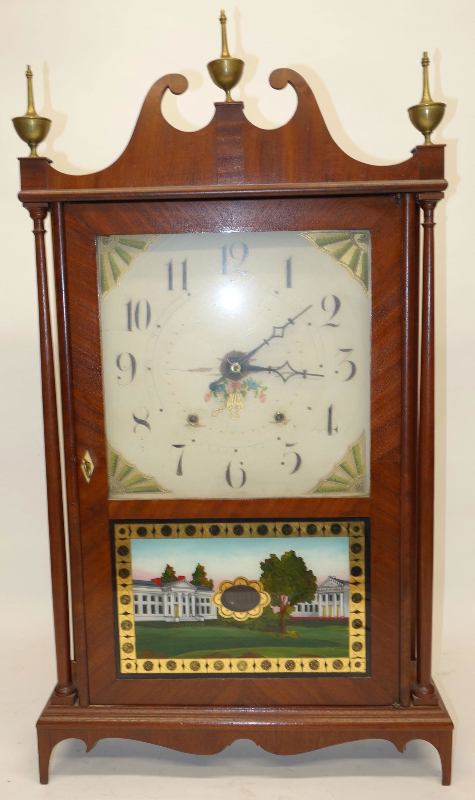 SETH THOMAS PILLAR & SCROLL CLOCK: Painted face, mahogany case, eglomise panel looks replaced; weight driven; face has some losses; normal wear; H-30", G-VG