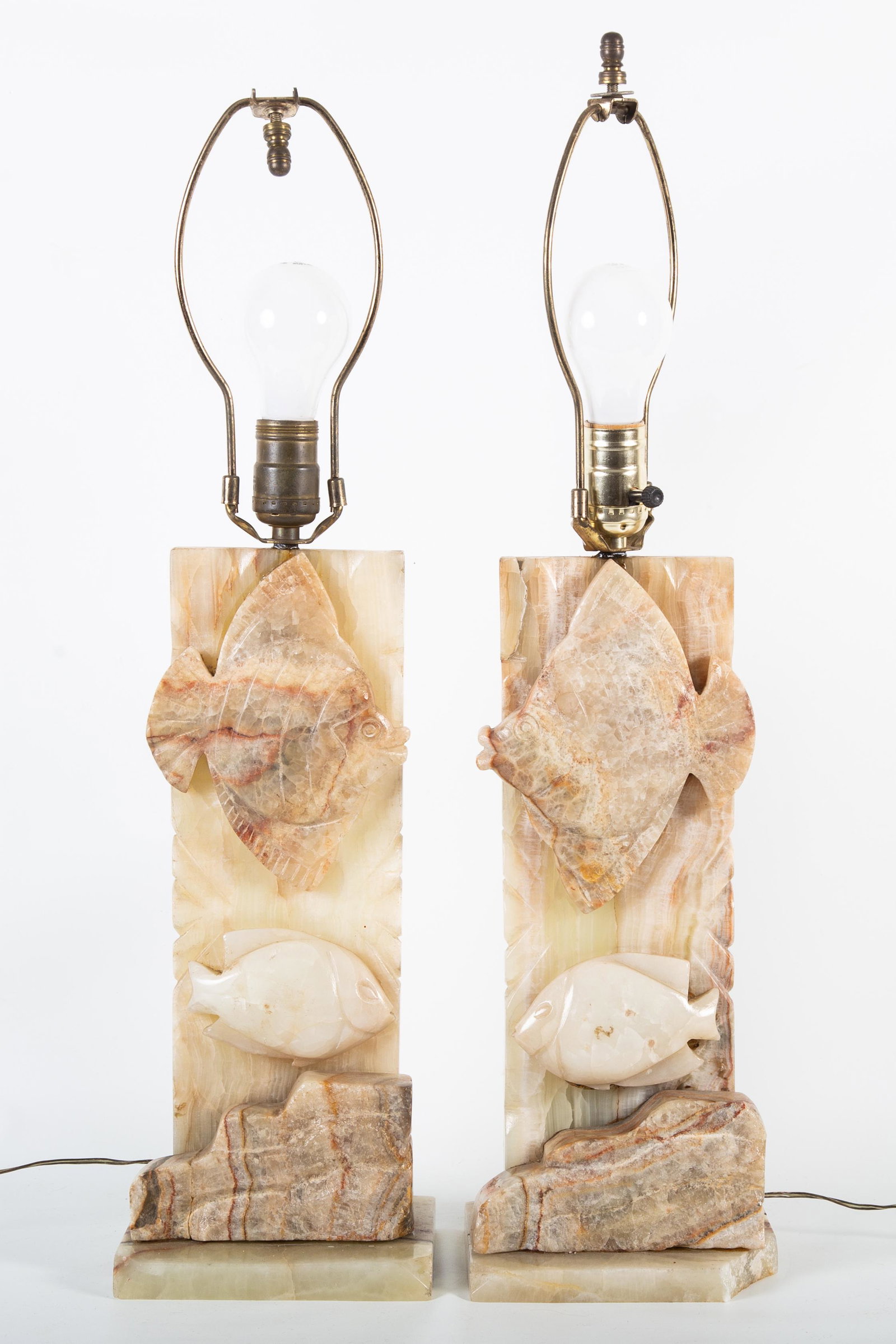 ALABASTER FISH LAMPS PAIR: (1) corner of base repaired; normal wear; H-24", G-VG