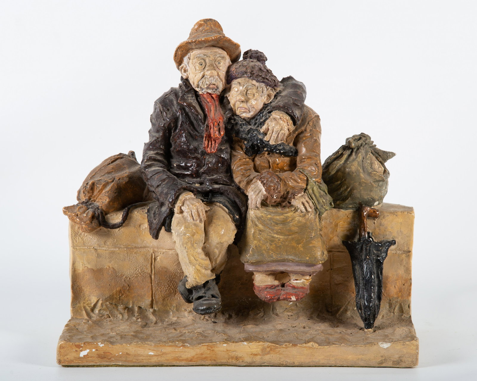 WHIMSICAL SCULPTURES (2): (1) Children: painted ceramic, three dimensional; (5) children and dog; normal wear; H-9 1/2", G-VG; (1) elderly hobo couple: painted chalk; woman's feet have repair; minor chips and wear; H-12", G-G+