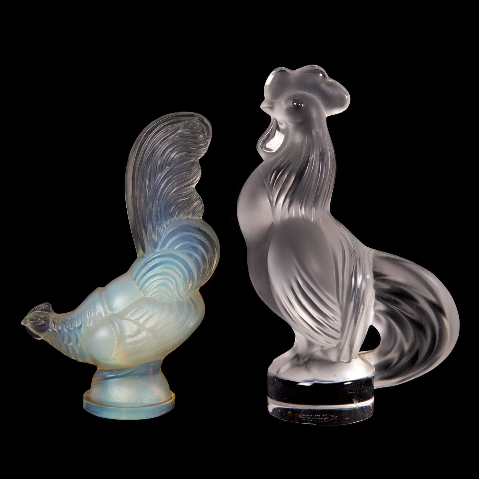 CRYSTAL ROOSTERS (2): (1) Standing roster, Sevres crystal; (1) Rooster, Sabino glass; H-3"-4 1/4", VG-EX