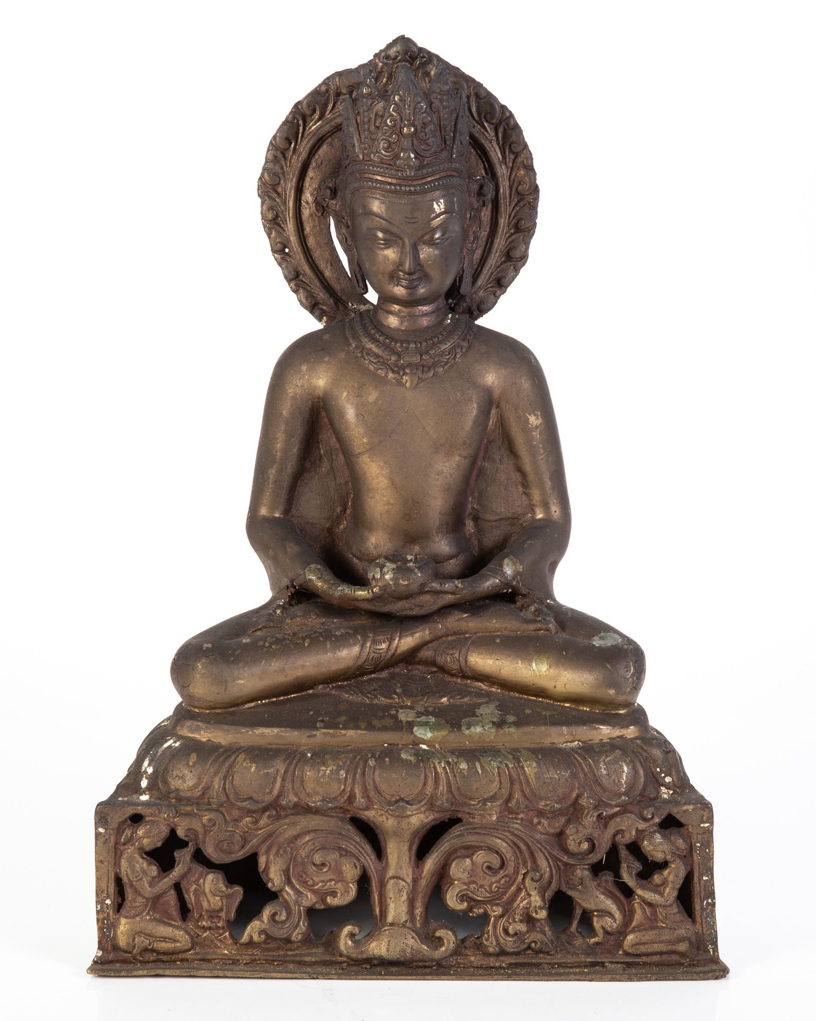 THE BUDDHA: Northern India or Nepal, 20th Century; bronze; likely for a domestic shrine; normal wear; some wax and paint; H-15", G-VG
