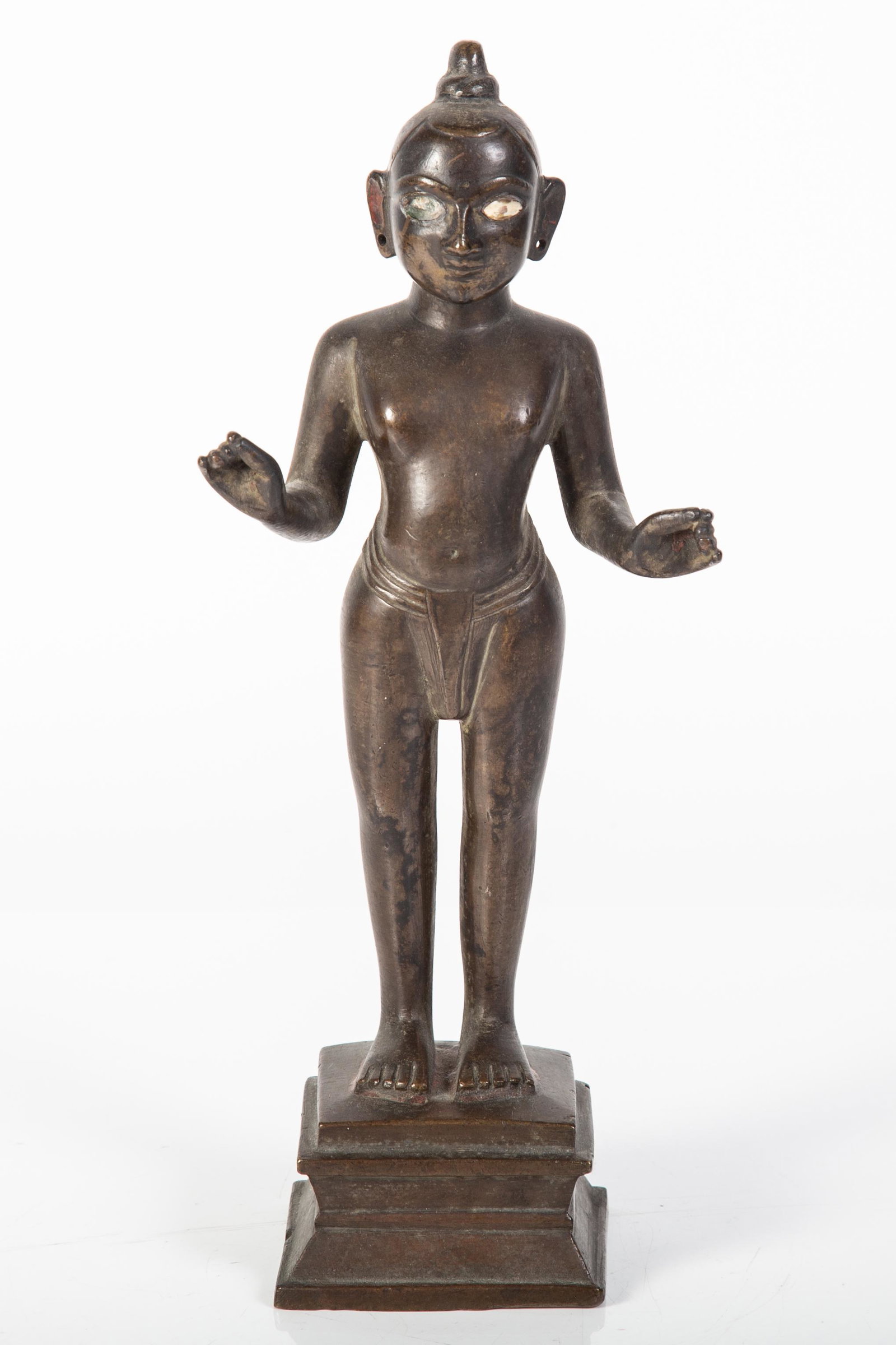 YOUNG BUDDHA STANDING: India, Orissa (Odisha); 17th century; bronze; normal wear; missing (1) eye insert; H-11", G-VG