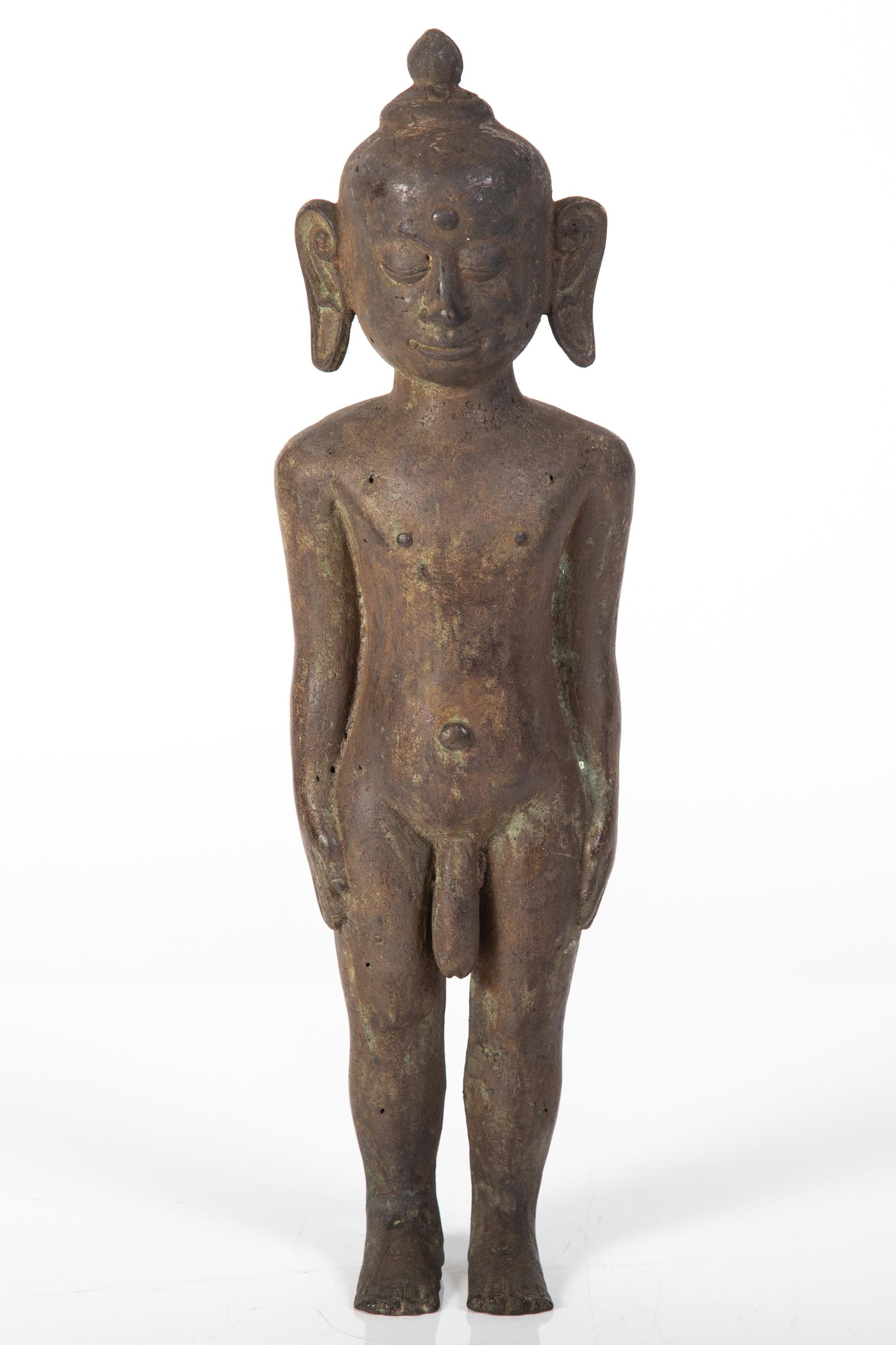STANDING MALE ANCESTOR FIGURE: Bronze, Dayak, Indonesia; early 20th Century; normal wear; H-12", G-VG