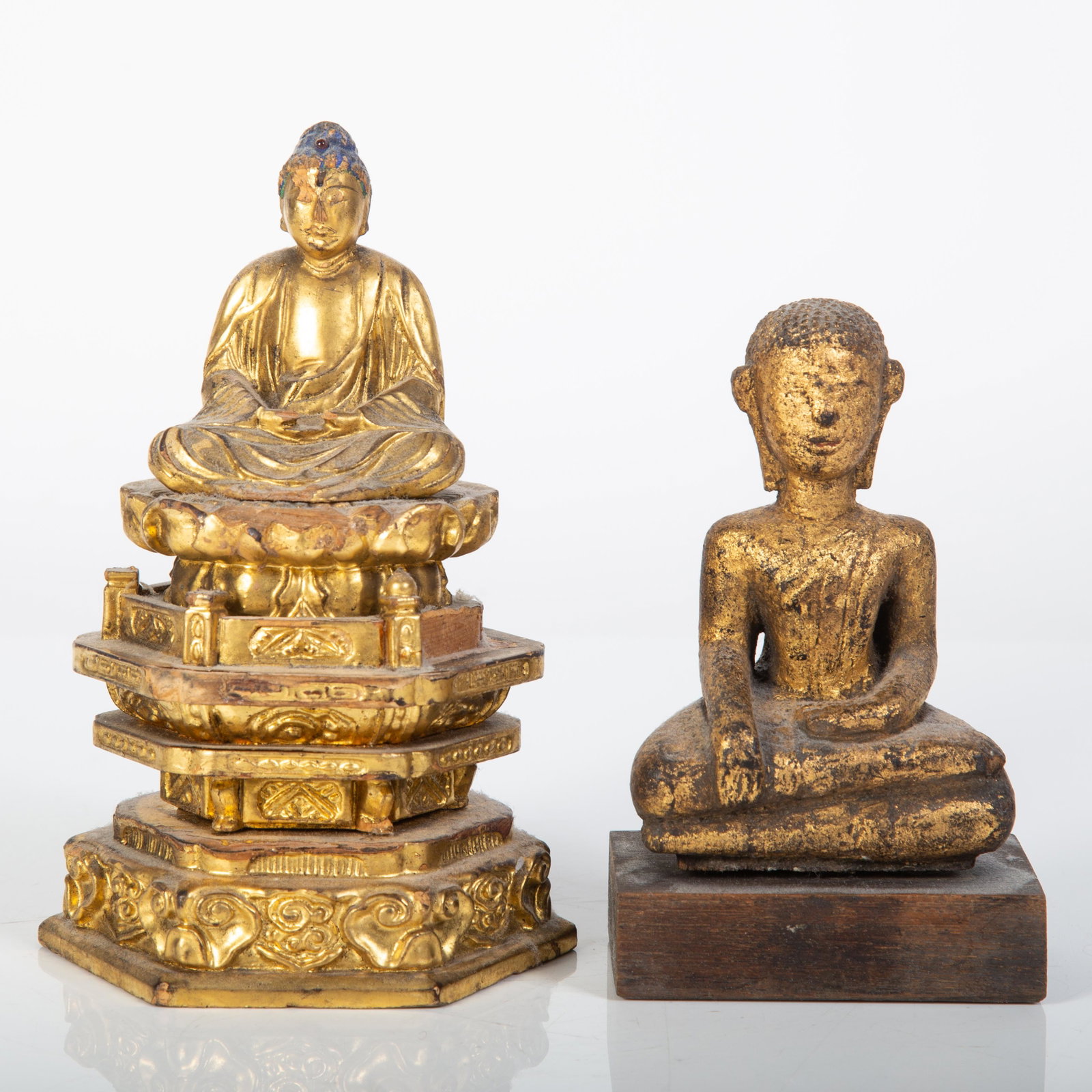 JAPANESE & BURMESE FIGURES (2): Carved gilt wood; (1) Japanese gilt wood Buddha, late 19th Century; (1) Burmese figure of a devotee in meditation pose; missing two small pieces of trim; H-5"-7",
