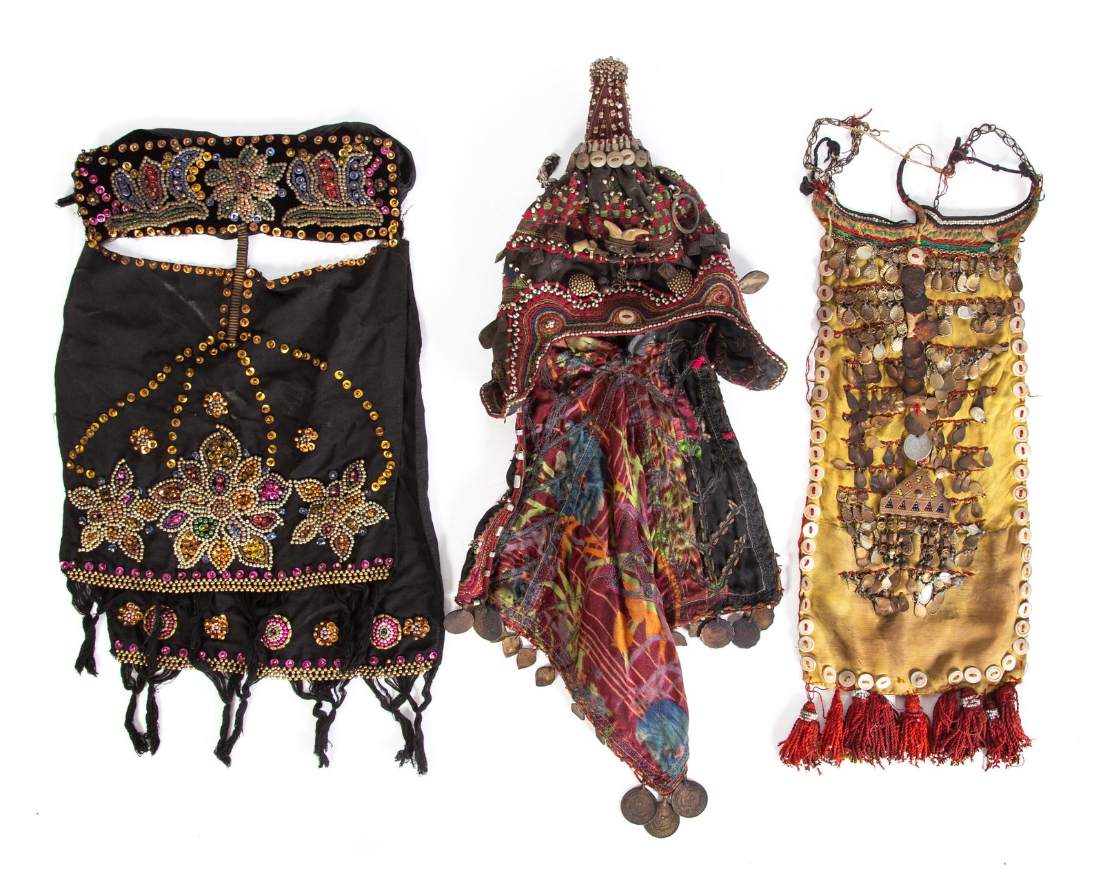 BRIDAL VEILS (3): (1) Southeast Asian Aboriginal, mid 20th century; (1) central Asian ceremonial hat (probably for marriage), first half 20th Century; (1) bridal veil, culture unknown, mid 20th Century; normal wear; L-