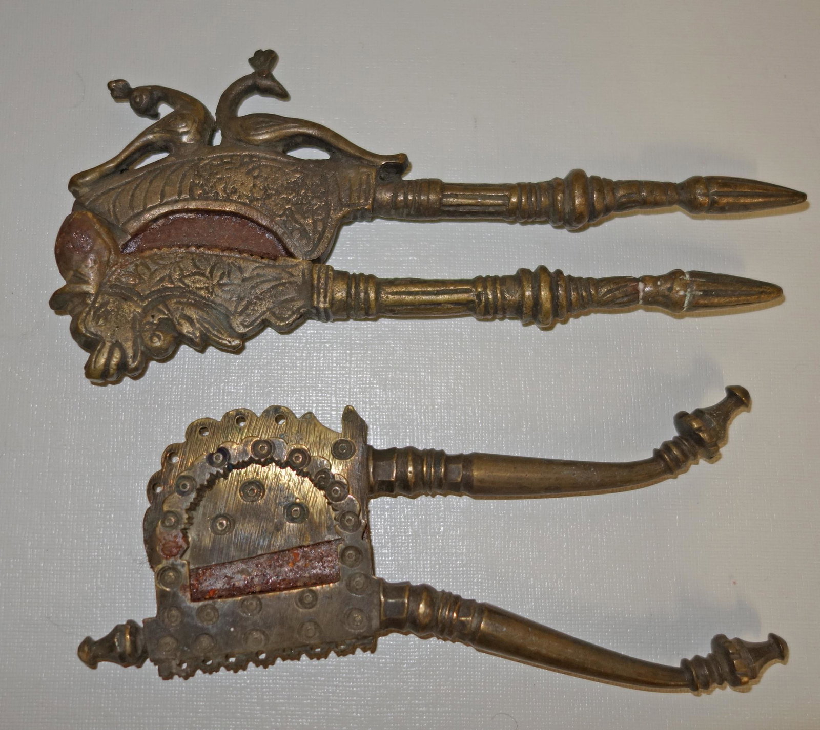 BETEL NUT CUTTERS: Indonesian 20th Century; Bronze / Brass with Steel Blades; Normal Wear; Slight Blade Rust; 6-6 1/2" L; G
