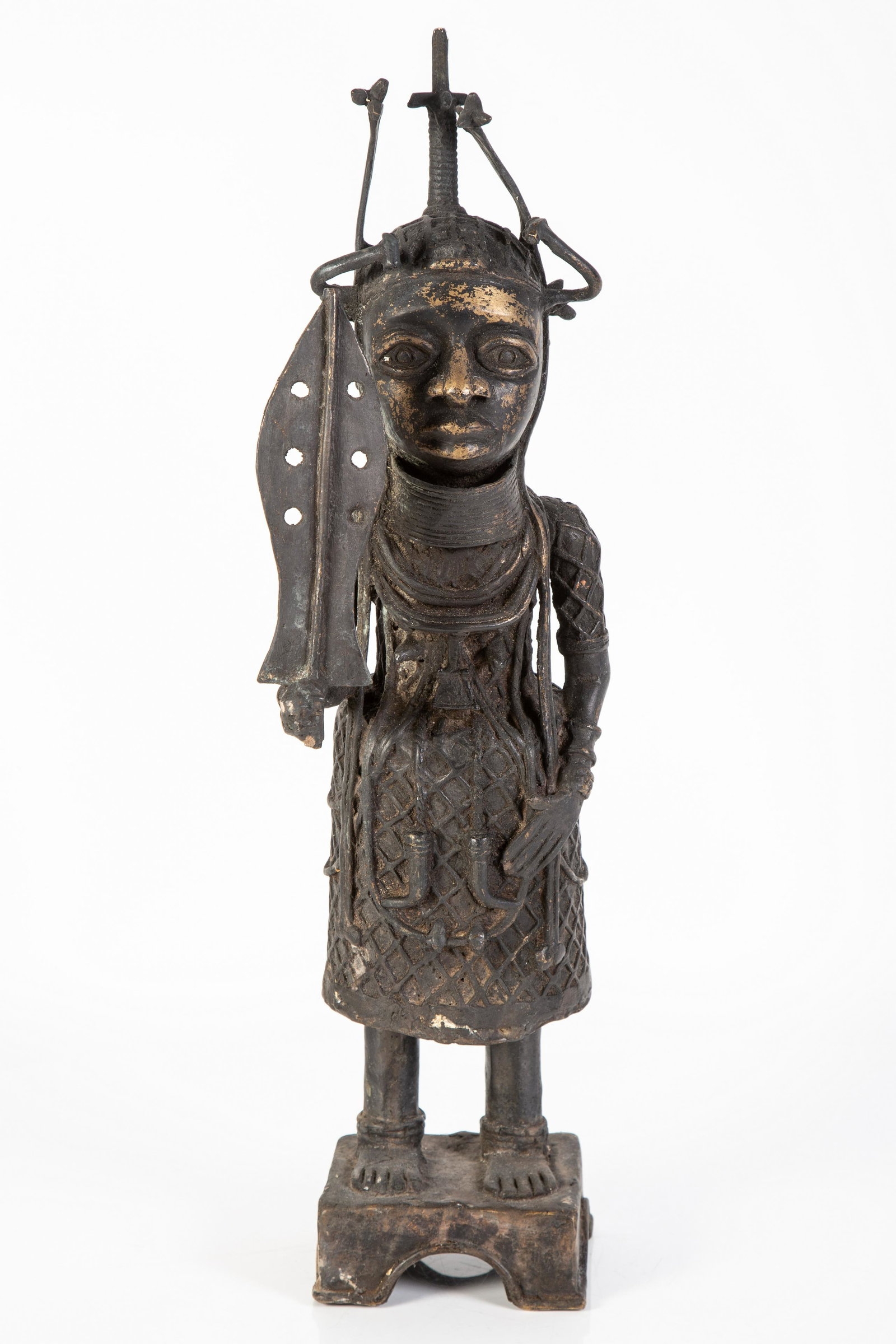 BENIN STYLE DIGNITARY FIGURE: Bronze/brass; Nigeria; 2nd half 20th Century; weathered; H- 21"; G-VG