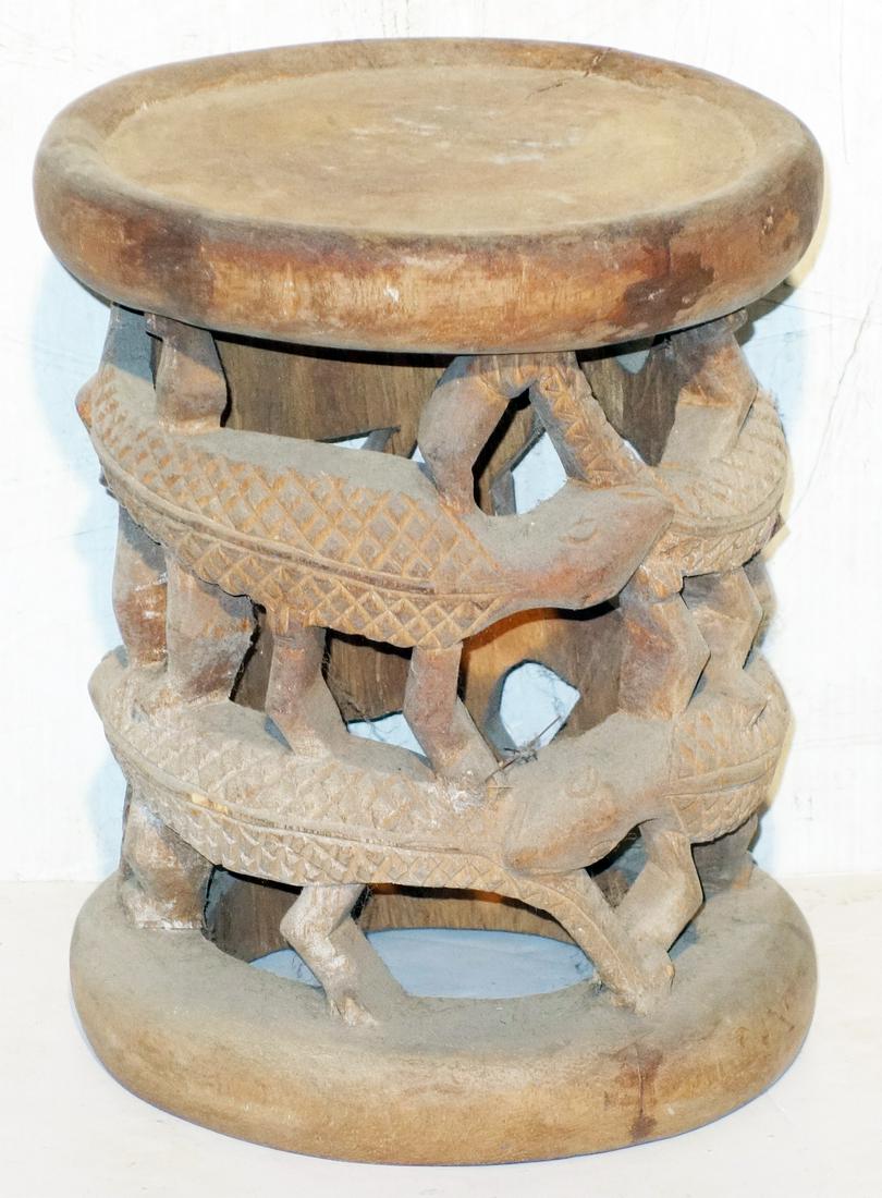 AFRICAN CARVED STOOL with LIZARDS: Normal wear; 12" x 10"