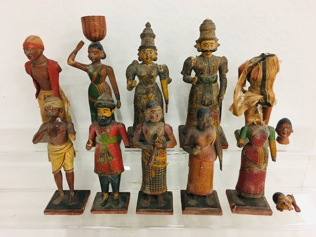 ANTIQUE INDIA FIGURES (1): Painted wood and gesso; some painted composition; all have some form of damage; (4) figures missing one or both arms; (2) heads off; (3) with foot loss; tallest H-9", P-F