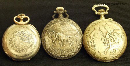 (3) POCKETWATCHES: (3) POCKETWATCHES - Open face watches, base metal (1) French wording and industry reverse worn, runs; (1) Longines engraved scenic back, wear, runs; (1) Tieche Swiss farmer relief on back, not working