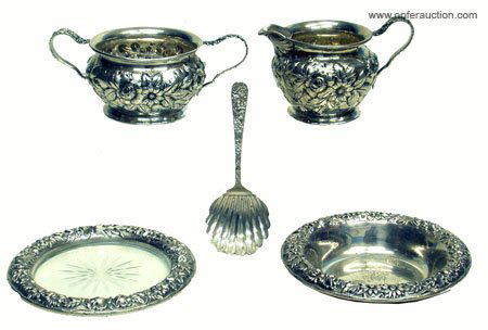 KIRK STERLING REPOUSSE PCS.: KIRK REPOUSSE STERLING PCS. - Creamer, sugar, coaster, shell spoon and candy dish; some wear; H-2", G-VG