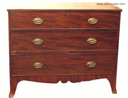 ENGLISH HEPPLEWHITE CHEST: ENGLISH HEPPLEWHITE CHEST - Mahogany; 3-drawers; line inlay top; French feet; minor chips, normal wear; H-34", W-42", G