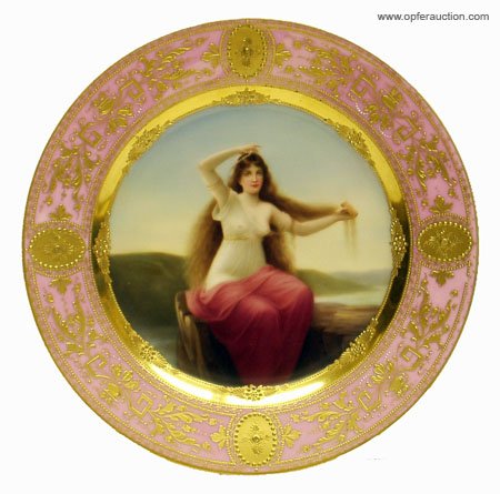 ROYAL VIENNA PORTRAIT PLATE: ROYAL VIENNA PORTRAIT PLATE - "Loreley Lingner", blue beehive mark, raised gold border, Dia.-9 1/2", VG-EX