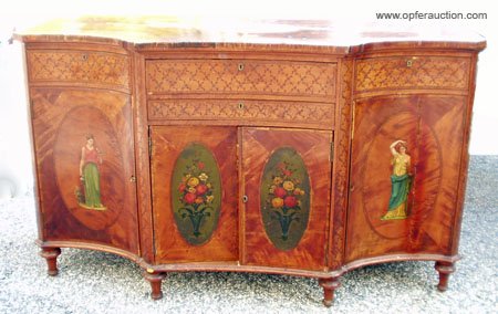 ADAMS BUFFET: ADAMS BUFFET - Late 19th century; shaped top and case; top painted with classical cameo and floral swag; front painted with floral and classical figure ovals; painted foliate cross hatching on front a