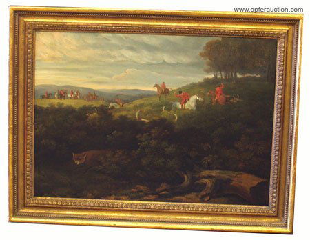 FOX HUNT OIL ON CANVAS: FOX HUNT OIL ON CANVAS - Manner of D. Wolstenholme, 19th Century British School; framed; visual 14" x 20", G-VG