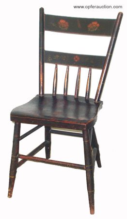 SET OF 4 PAINTED PLANK SEAT CHAIRS: SET OF 4 PAINTED PLANK SEAT CHARIS - Painted floral and stripe decoration; some wear; H-33", G-G+