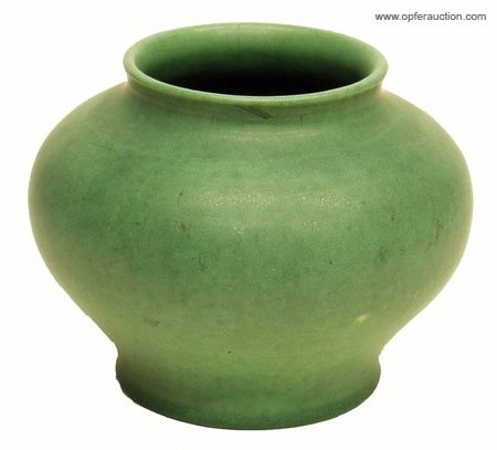 ALFRED UNIVERSITY BURGESS ARTS & CRAFTS VASE: ALFRED UNIVERSITY BURGESS ARTS & CRAFTS VASE - Early 1920's; matte green art pottery; inscribed bottom, May 1/23; G. Burgess AU '25; H-5", VG-EX