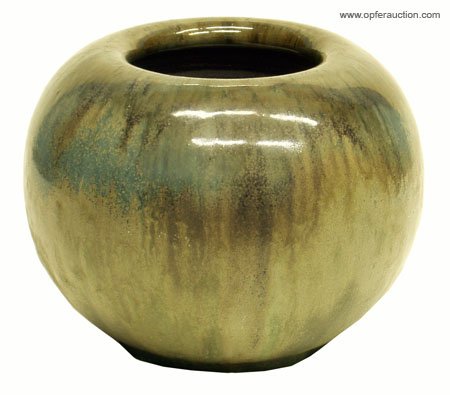 FULPER SPHERICAL EDAM VASE: FULPER SPHERICAL EDAM VASE - Arts & Crafts 1910 pottery; stamped bottom; American, blue/green flambe glaze dripping; small flea bite on bottom rim; H-5 1/2", VG-EX