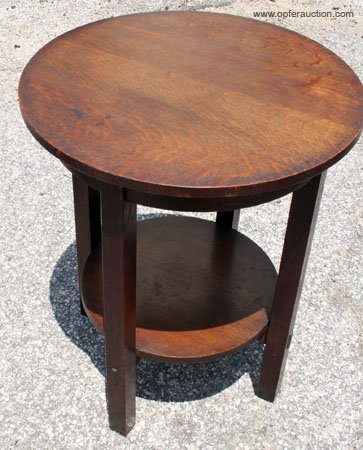 L.J.G. STICKLEY LAMP STAND: L.J.G. STICKLEY LAMP STAND - Oak round stand; signed with red mark; original finish; minor wear; H-29", Dia.-24", G-VG