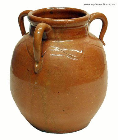 GLEAVES COLONIAL ART POTTERY VASE: GLEAVES COLONIAL ART POTTERY VASE - Orange lead with handles and wave-like incising, 1930's; stamped on bottom C I II Art Pottery Gleaves; minor glaze flakes around bottom rim