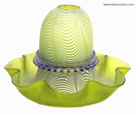 FAIRY LAMP NAILSEA: FAIRY LAMP NAILSEA - Chartreuse glass with white swirl design and ruffled underpiece, (3) pieces; small chip and minor flaking around opening on underpiece, H-6", G