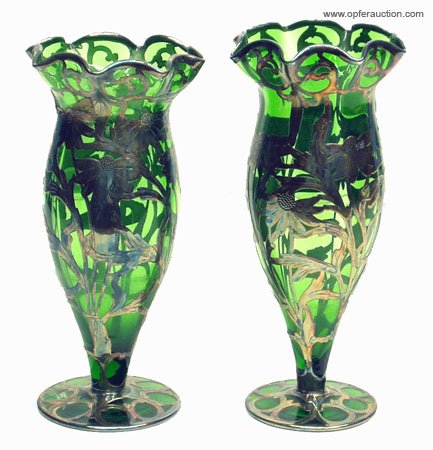 PAIR SILVER OVERLAY VASES: PAIR SILVER OVERLAY VASES - Green glass with silver overlay; (1) badly damaged; H-8 1/2", P-G
