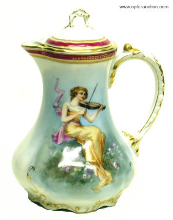 LIMOGES CHOCOLATE POT: LIMOGES CHOCOLATE POT - Painted porcelain image of woman playing violin on one side; minor wear; H-9 1/2", G-VG