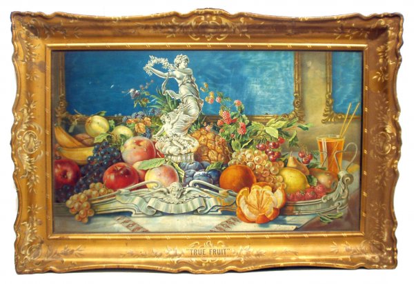 TRUE FRUIT SODA TIN SIGN: TRUE FRUIT SODA TIN SIGN - Litho tin; self-framed; "Hungerfordsmith - Rochester"; some fading and rubs; 25" x 38", G+