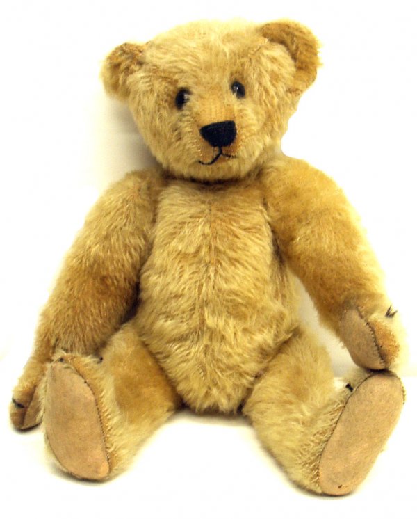 JOINTED MOHAIR BEAR: JOINTED MOHAIR BEAR - Shoe button eyes; straw stuffed; minor wear; stitching and loss; H-13", G