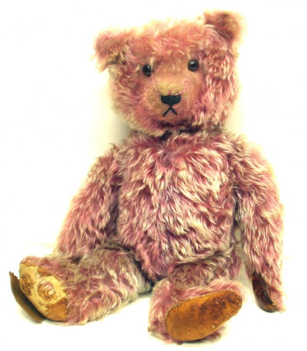 CRIMSON MOHAIR BEAR: CRIMSON MOHAIR BEAR - Glass eyes; straw stuffed with growler; pad loss; some wear on nose; H-19", G