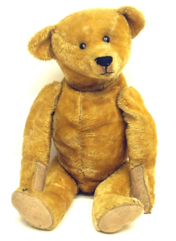 JOINTED MOHAIR BEAR: JOINTED MOHAIR BEAR - Shoe button eyes; small hump straw stuffed; some wear and pad loss on right paw; H-19", G