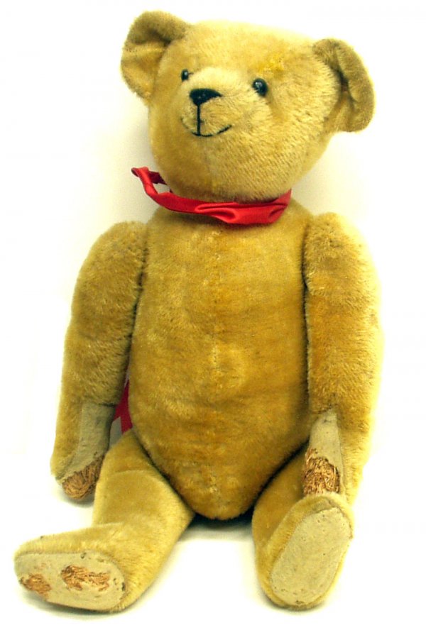 MOHAIR BEAR: MOHAIR BEAR - Red ribbon; jointed; straw stuffed; pad loss and some wear; H-20", G