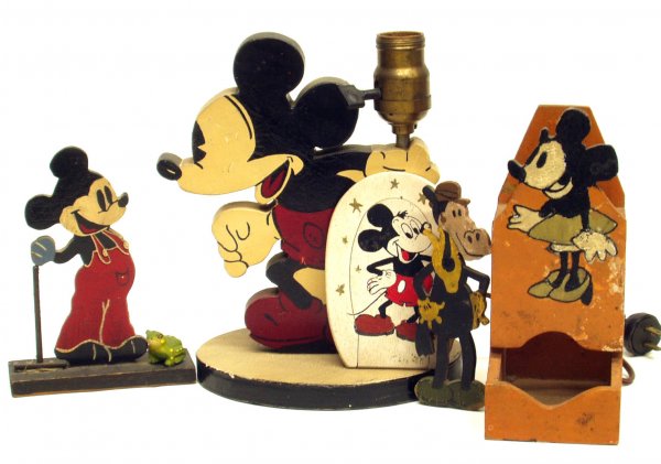 MICKEY MOUSE & DISNEY CHARACTERS: MICKEY MOUSE & DISNEY CHARACTERS - Painted wood; home made and possible production; (1) large Mickey lamp, (1) Mickey pocket mirror, (1) Horace Horsecollar cut-out; (1) Minnie wall pocket; (1) Mickey