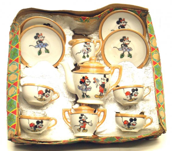 MICKEY MINNIE TEA SET: MICKEY MINNIE TEA SET - Occupied Japan; porcelain; Walt Disney Productions; original box rough; Teapot H-3 1/2", VG-EX